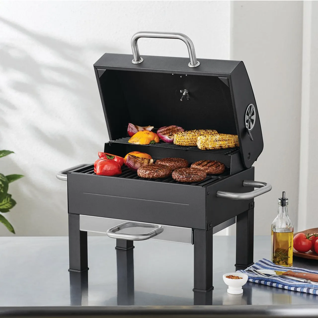 Premium Portable Charcoal Grill, Black and Stainless Steel