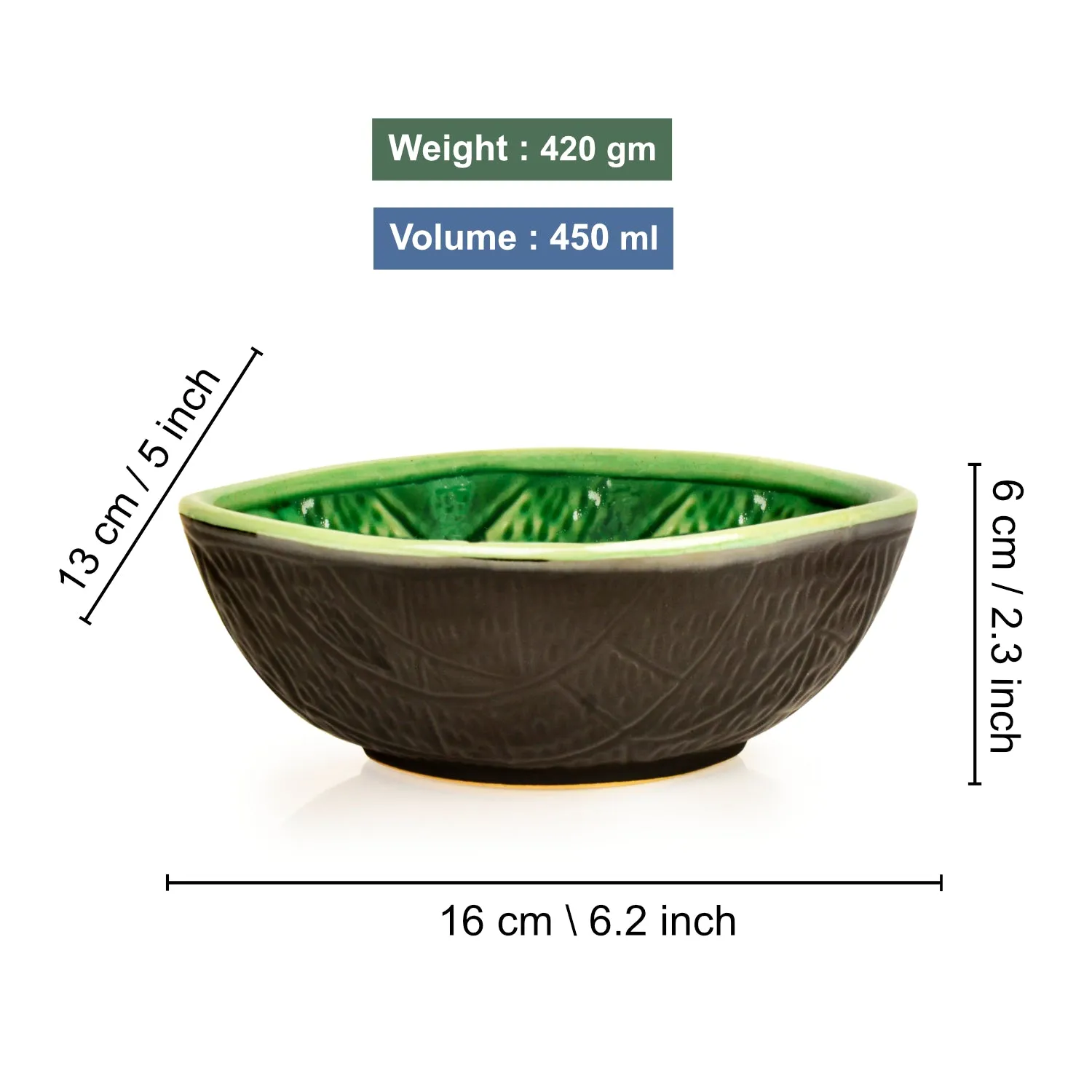 Studio Pottery Almond Shaped Ceramic Nut Bowls (Set of 2, 450 ml each, Green and Black)