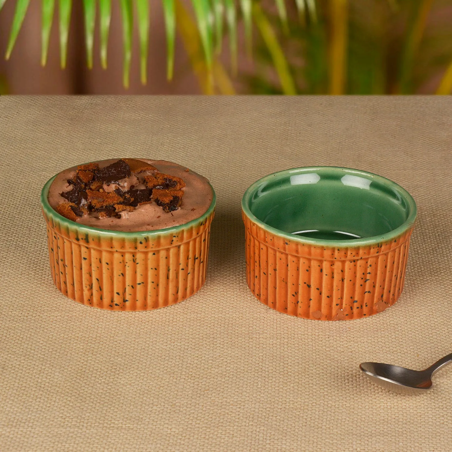 Studio Pottery Ceramic Dessert / Dip Bowls (150 ml each, Set of 2, Brown , Copper Green)