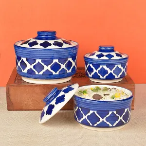 Studio Pottery Handpainted Ceramic Serving Donga with Lid Casserole Set (Set of 3, Blue)