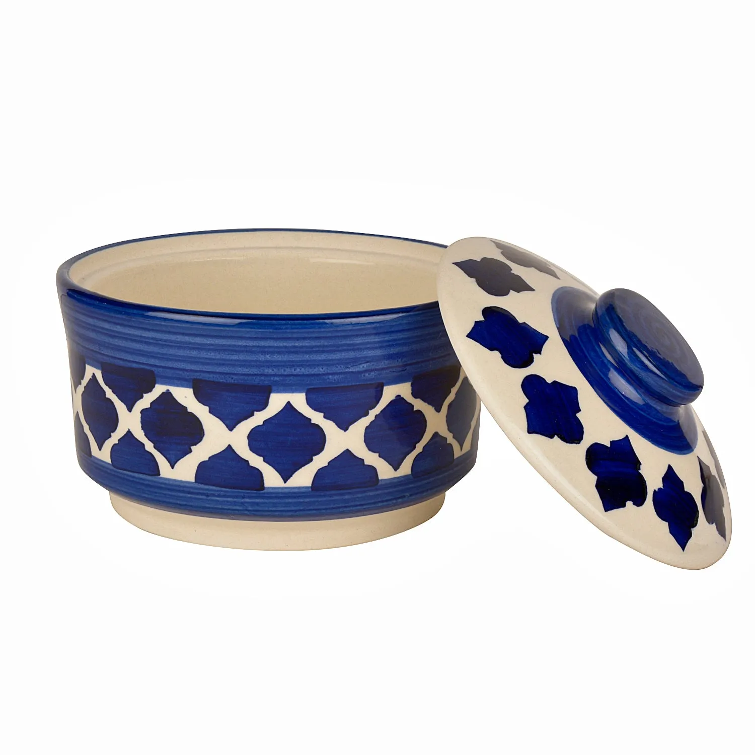 Studio Pottery Handpainted Ceramic Serving Donga with Lid Casserole Set (Set of 3, Blue)