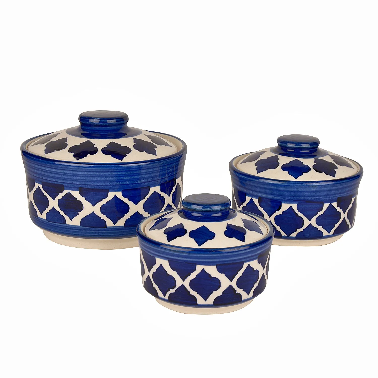 Studio Pottery Handpainted Ceramic Serving Donga with Lid Casserole Set (Set of 3, Blue)