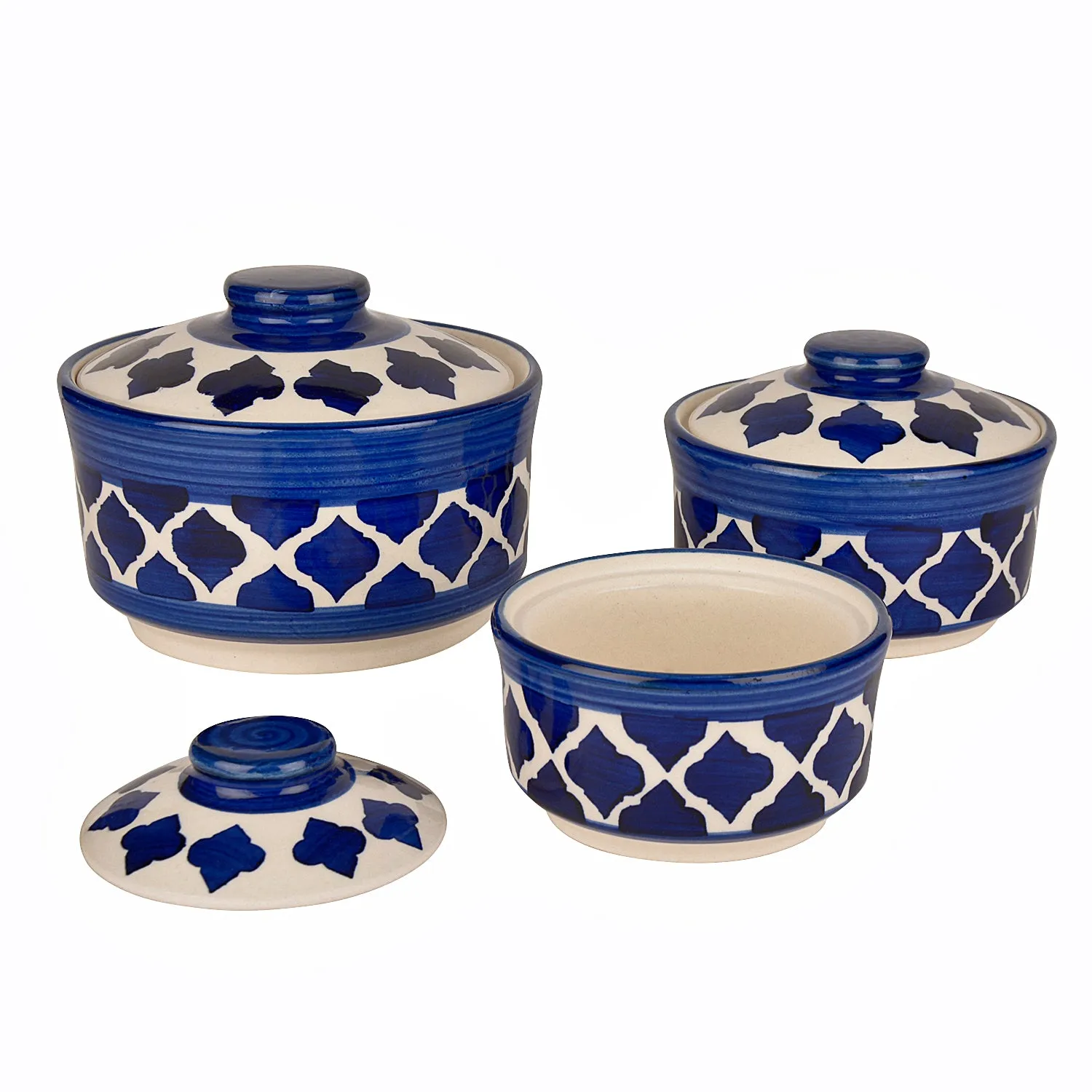 Studio Pottery Handpainted Ceramic Serving Donga with Lid Casserole Set (Set of 3, Blue)