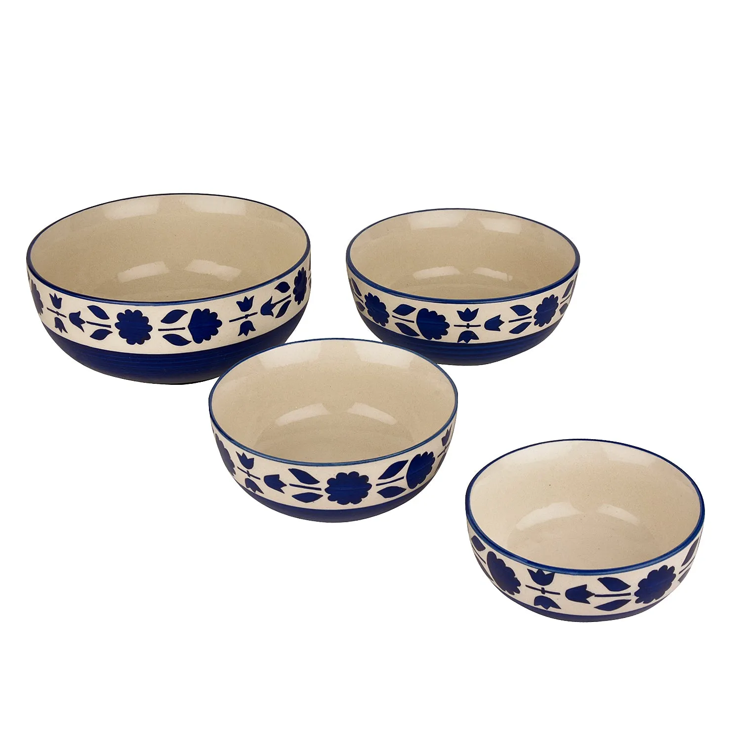 Studio Pottery Handpainted Dinner Serving Bowl Set (Set of 4 , Blue Flower)