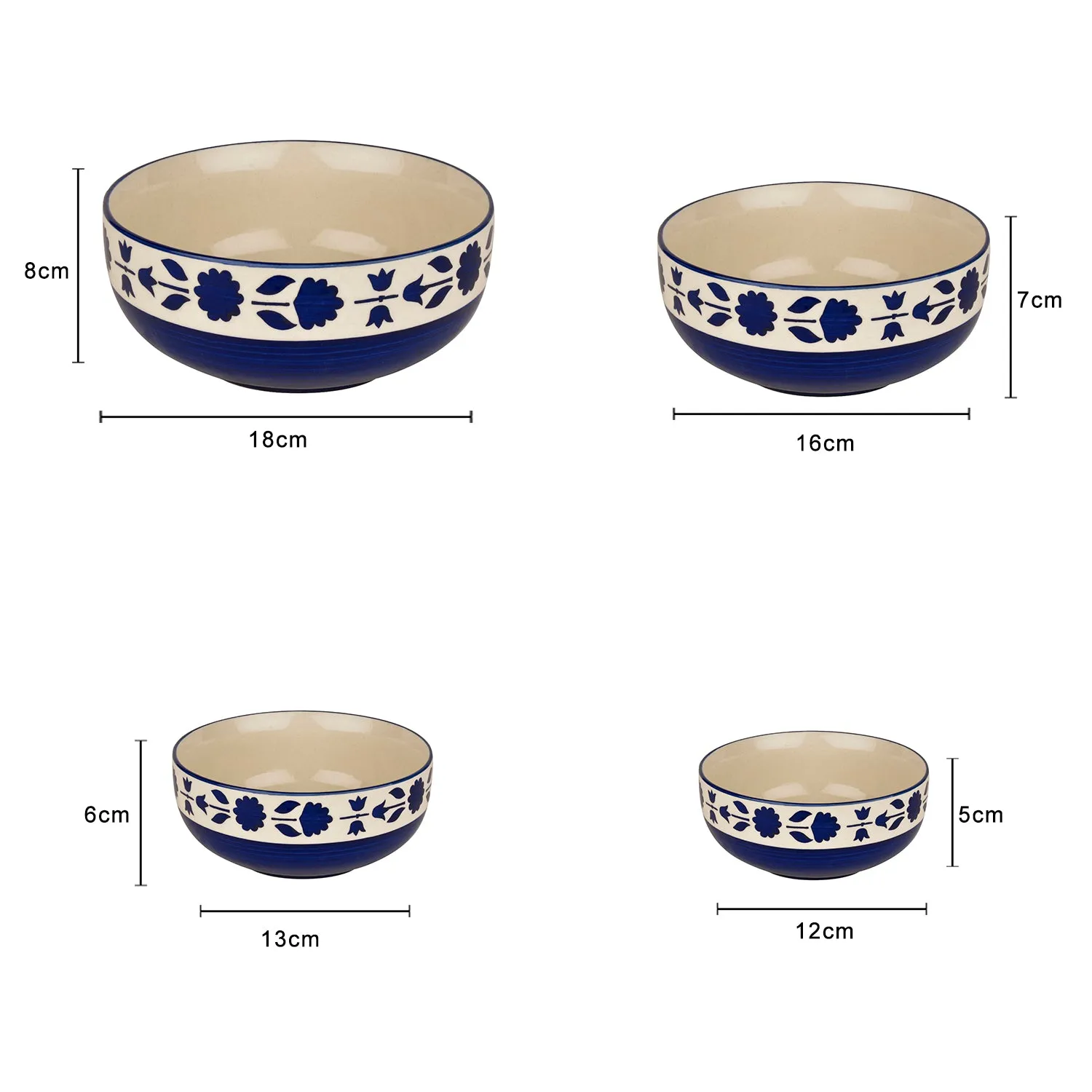 Studio Pottery Handpainted Dinner Serving Bowl Set (Set of 4 , Blue Flower)