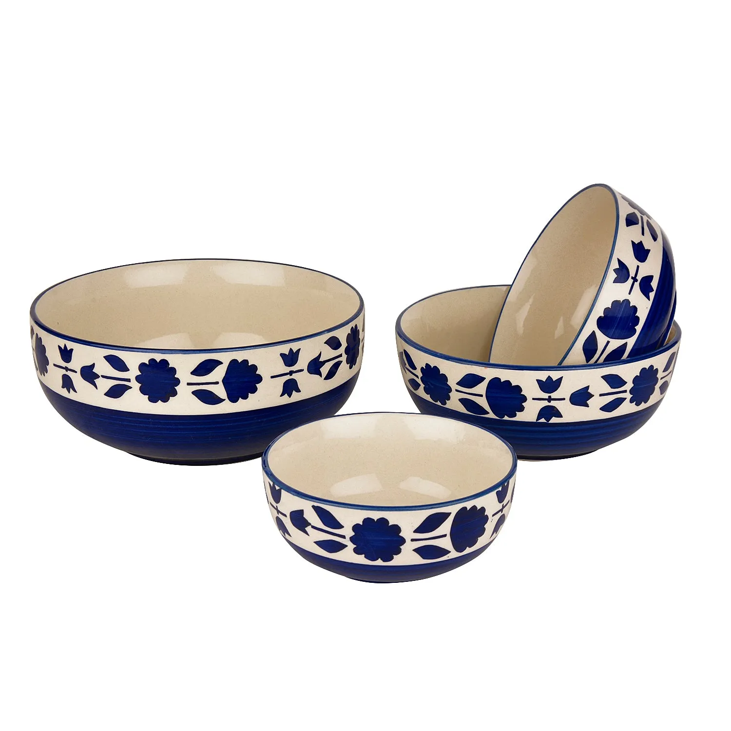 Studio Pottery Handpainted Dinner Serving Bowl Set (Set of 4 , Blue Flower)