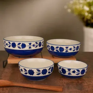 Studio Pottery Handpainted Dinner Serving Bowl Set (Set of 4 , Blue Flower)