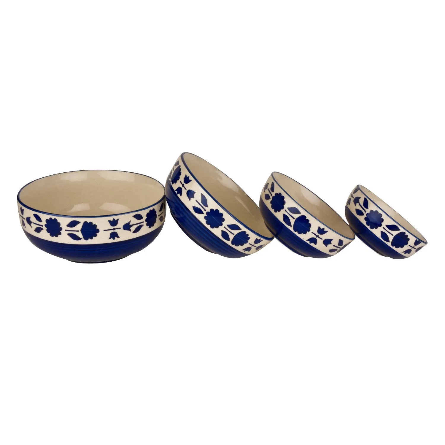 Studio Pottery Handpainted Dinner Serving Bowl Set (Set of 4 , Blue Flower)