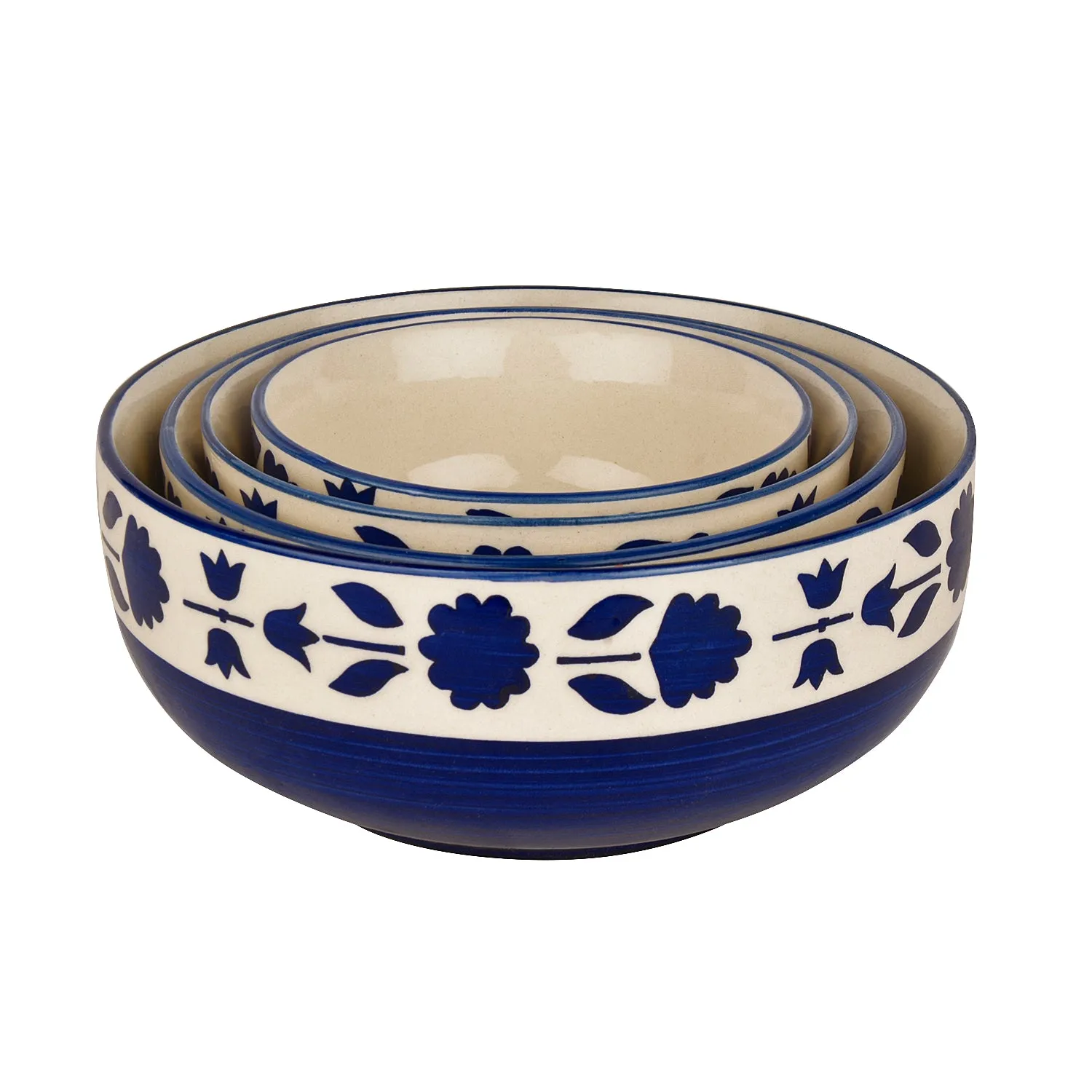 Studio Pottery Handpainted Dinner Serving Bowl Set (Set of 4 , Blue Flower)