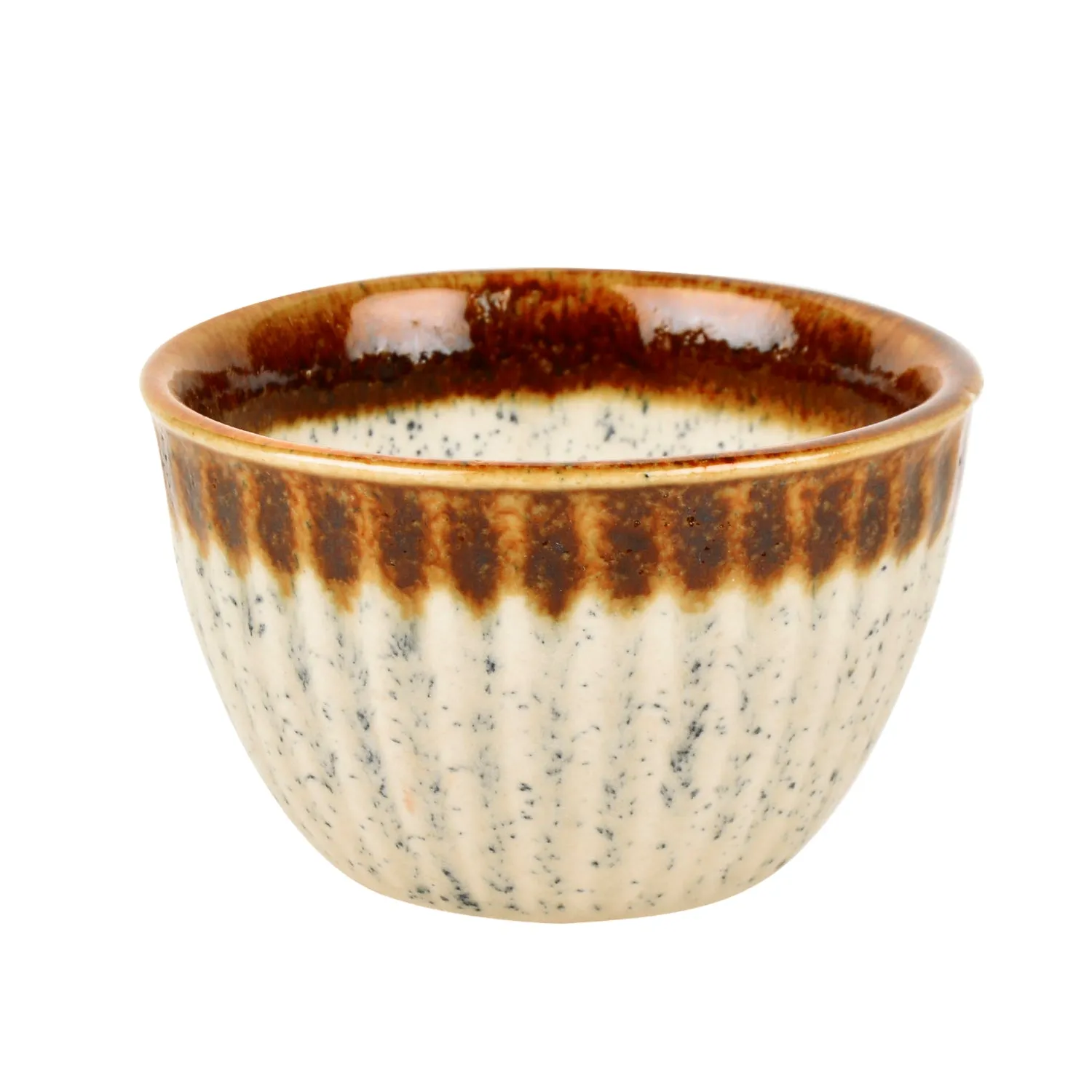 Studio Pottery Ribbed Ceramic Dining Bowls (Set of 4, 350 ml each, Off White & Brown)