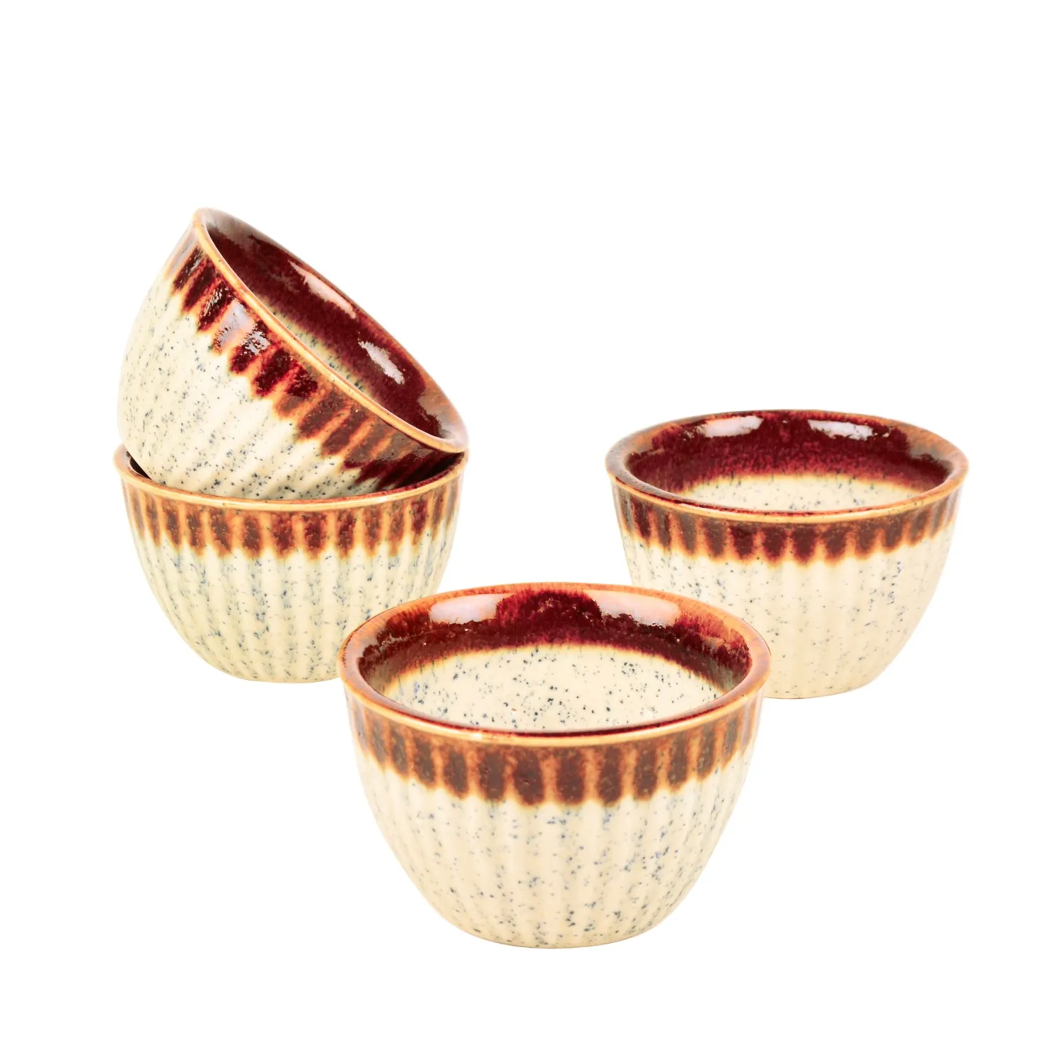 Studio Pottery Ribbed Ceramic Dining Bowls (Set of 4, 350 ml each, Off White & Brown)