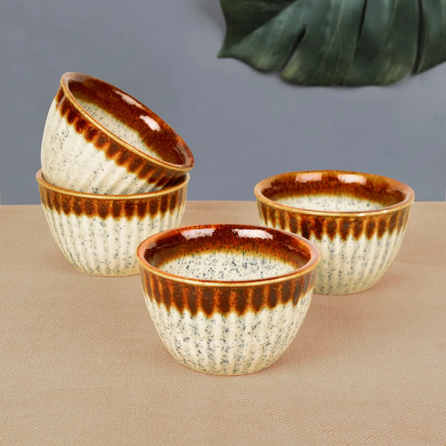 Studio Pottery Ribbed Ceramic Dining Bowls (Set of 4, 350 ml each, Off White & Brown)