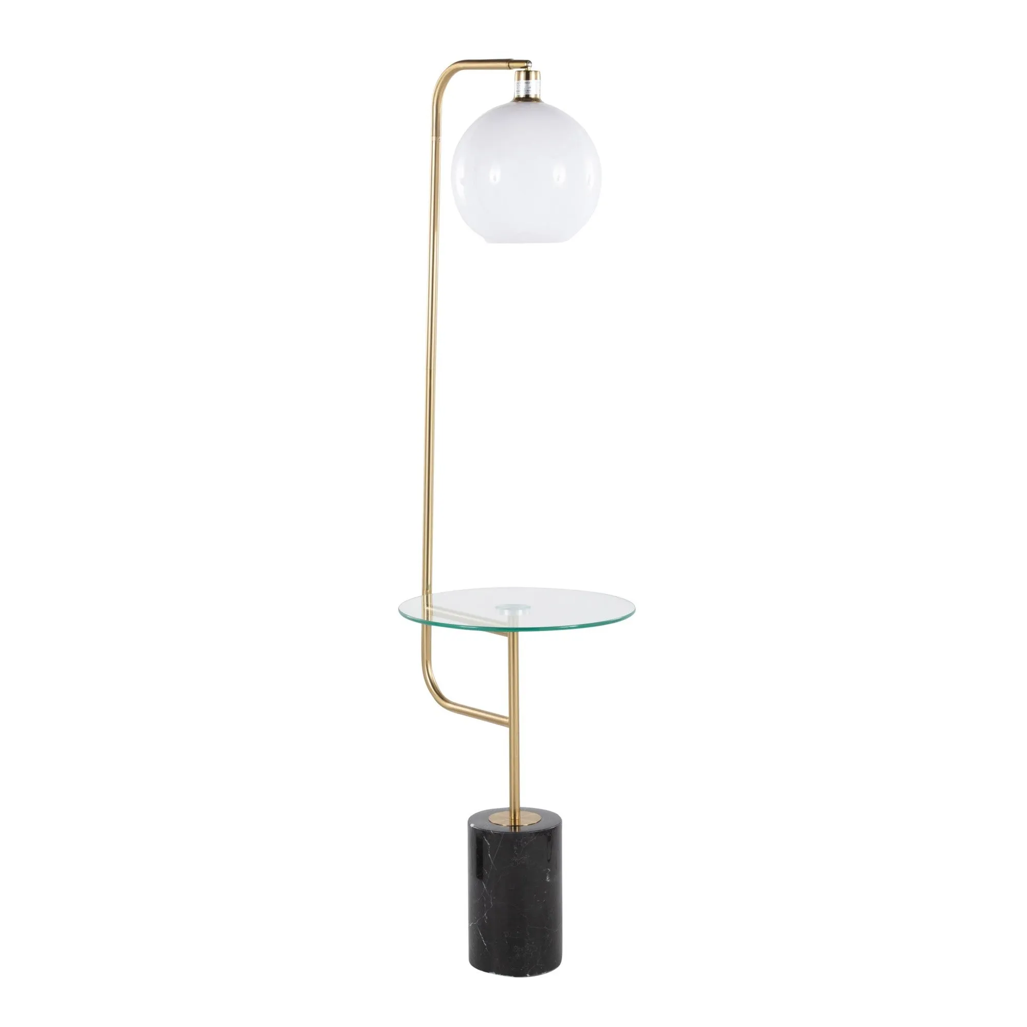 Symbol Contemporary/Glam Floor Lamp with Clear Glass Side Table, Gold Metal Accents, Black Marble Base, and White Shade by LumiSource