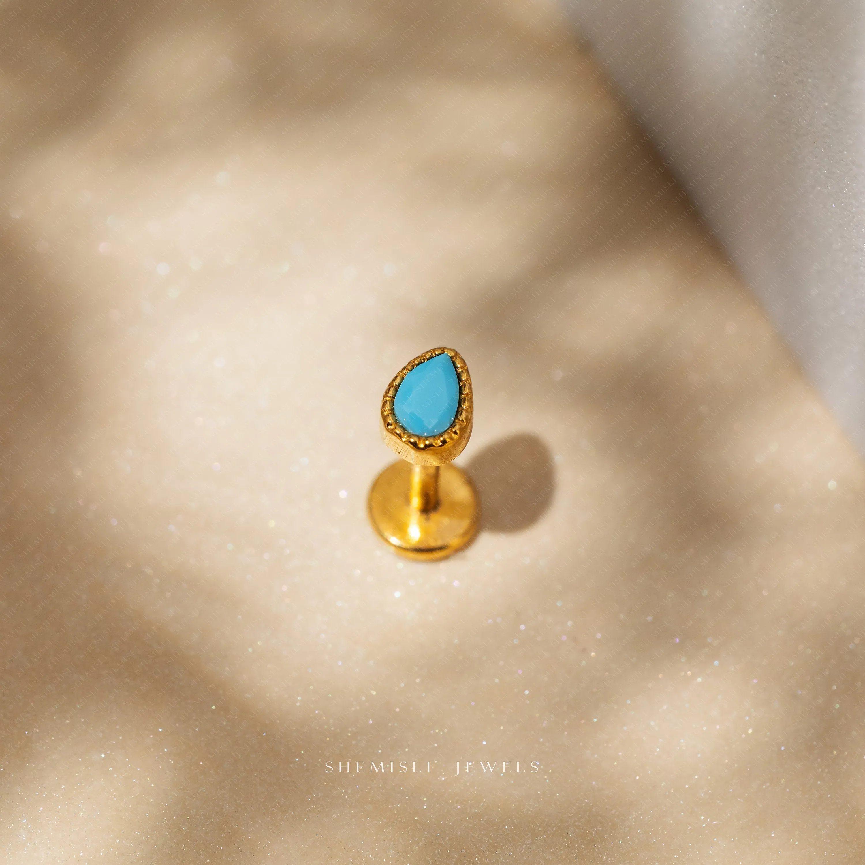 Tiny Teardrop Turquoise Threadless Flat Back Nose Stud, 20,18,16ga, 5-10mm Surgical Steel SHEMISLI SS596